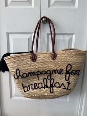 XL Champagne for Breakfast Woven Straw Tote Bag with Leather Handles